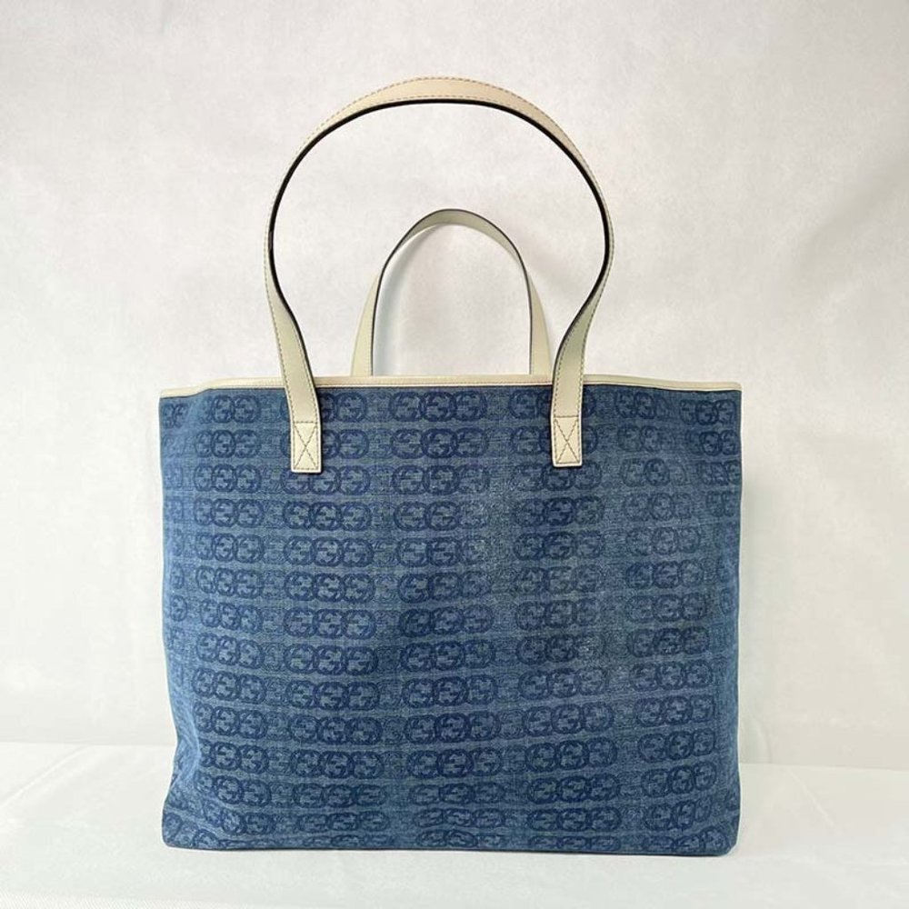 Gucci Blue Denim White Leather Tote 257245 Shoulder Bag